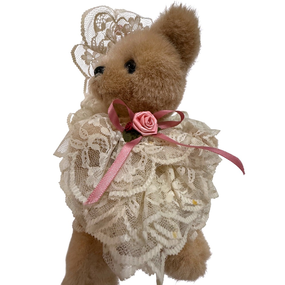 Vintage 80s Teddy Bear Plush Lace Dress Pink Rose‎ Ribbon Cottagecore Decor